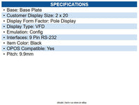 Posiflex PD2600S Pole Display, 2 x 20 VFD, 9mm Characters, Serial, 300mm pole