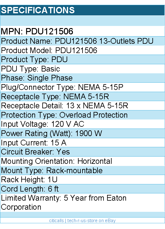 Eaton Tripp Lite Series PDU121506 1.8kW 120V Single-Phase Basic PDU