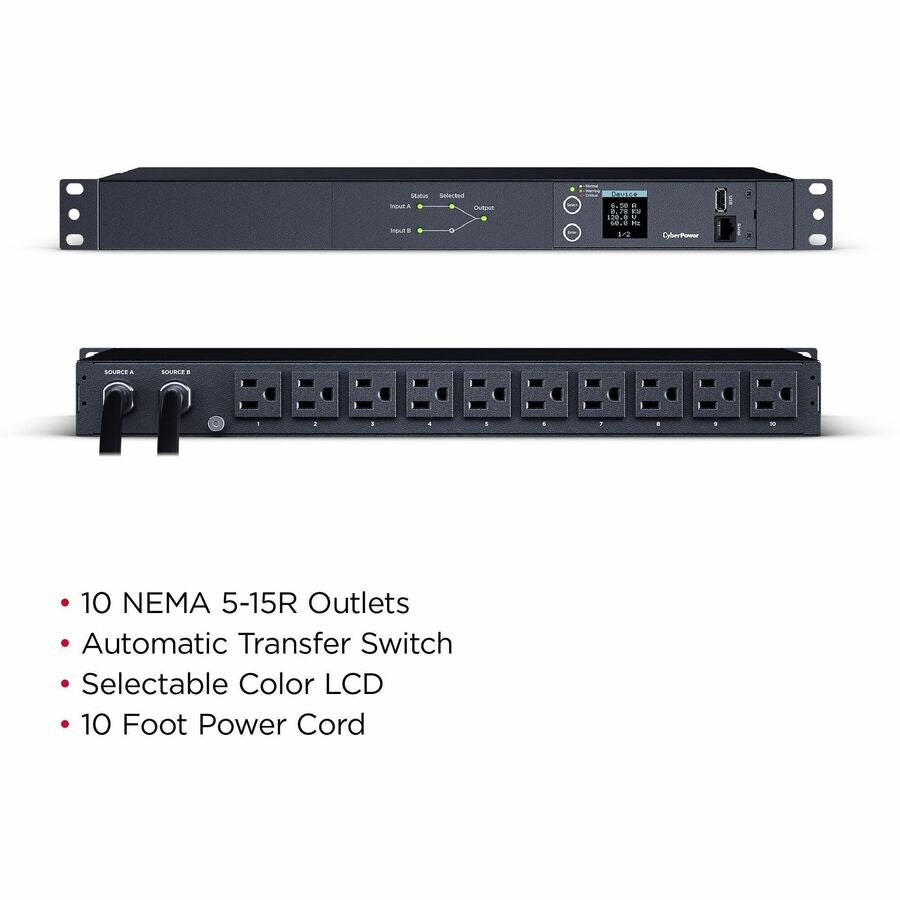CyberPower PDU24001 Single Phase 100 - 120 VAC 15A Metered ATS PDU - 10 Outlets