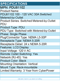 CyberPower PDU81102 100 - 120 VAC 30A Switched Metered-by-Outlet PDU
