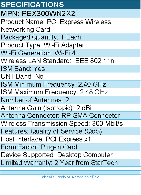StarTech PEX300WN2X2 PCI Express Wireless N Adapter - 300 Mbps PCIe