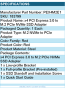 StarTech PEX4M2E1 PCI Express x4 to M.2 PCI Express SSD Adapter Retail