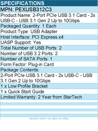 StarTech PEXUSB312C3 2-Port USB 3.2 Gen 2 PCIe Card, USB-C 10Gbps