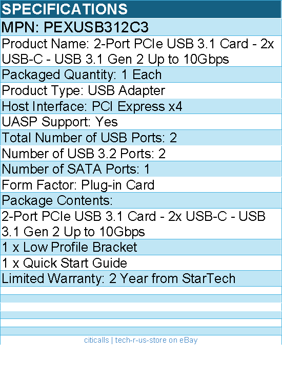 StarTech PEXUSB312C3 2-Port USB 3.2 Gen 2 PCIe Card, USB-C 10Gbps