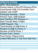 StarTech PEXUSB3S4V 4 Port PCIe SuperSpeed USB 3.0 Controller Card Adapter