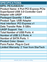 StarTech PEXUSB3S4V 4 Port PCIe SuperSpeed USB 3.0 Controller Card Adapter