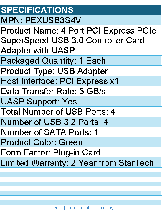 StarTech PEXUSB3S4V 4 Port PCIe SuperSpeed USB 3.0 Controller Card Adapter