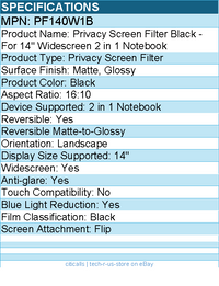 3M PF140W1B Privacy Screen Filter Black - For 14" Widescreen 2 in 1 Notebook