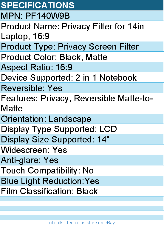 3M PF140W9B Privacy Filter for 14in Laptop, 16:9 - Black, Matte