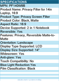3M PF140W9B Privacy Filter for 14in Laptop, 16:9 - Black, Matte