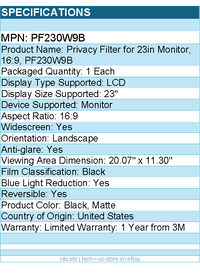 3M PF230W9B Privacy Filter for 23in Monitor, 16:9 - Black, Matte