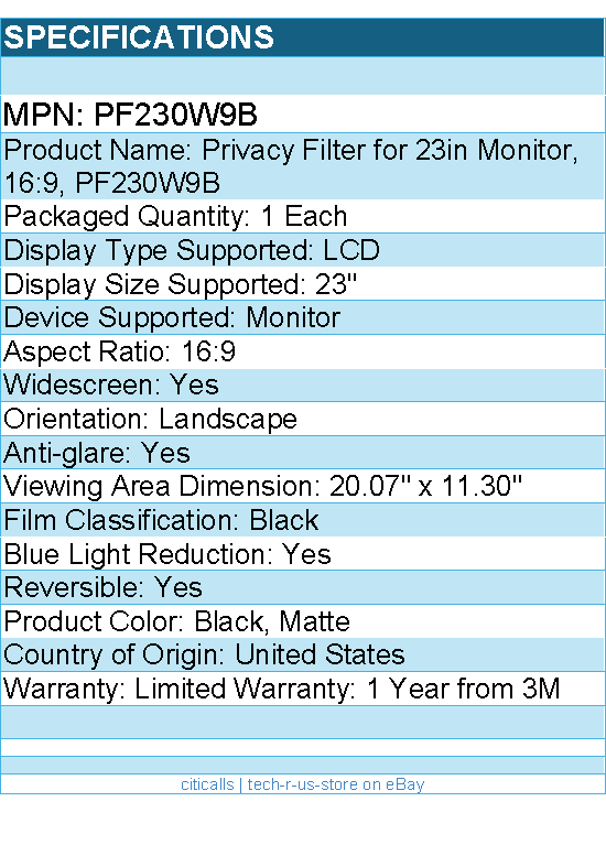 3M PF230W9B Privacy Filter for 23in Monitor, 16:9 - Black, Matte