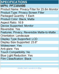 3M PF238W9B Privacy Screen Filter for 23.8in Monitor - Black, Matte