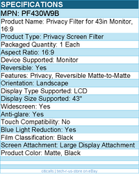 3M PF430W9B Privacy Screen Filter For 43" Widescreen LCD Monitor - 16:9
