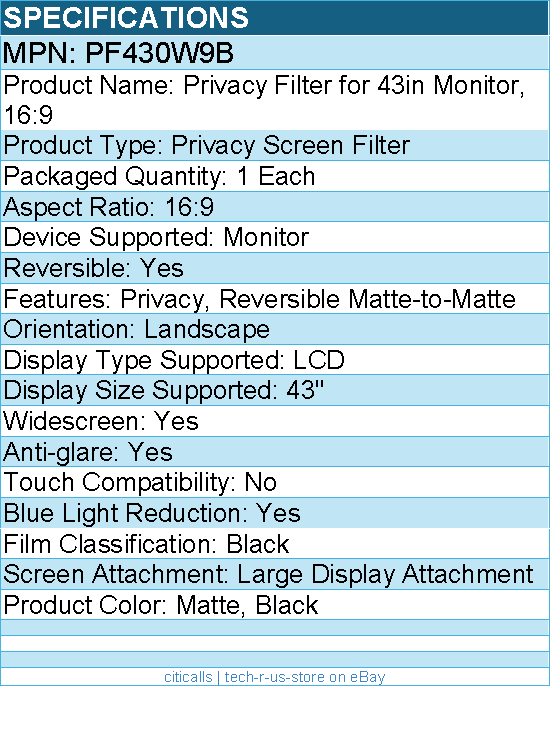 3M PF430W9B Privacy Screen Filter For 43" Widescreen LCD Monitor - 16:9