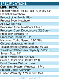 Dell PFX0J Pro 14 Plus PB14250 14" Clamshell Notebook - Intel Core Ultra 5
