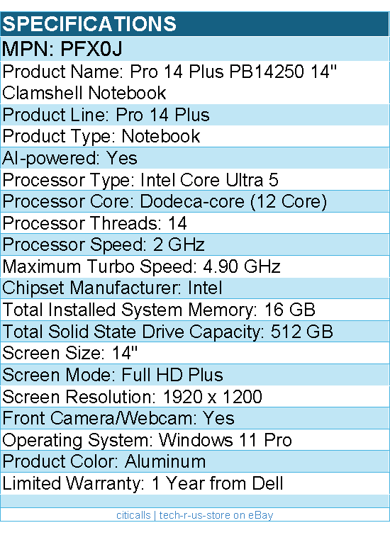 Dell PFX0J Pro 14 Plus PB14250 14" Clamshell Notebook - Intel Core Ultra 5
