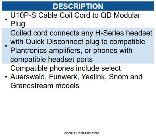 Plantronics PL-784S0AA U10P-S Cable for Y- S- GS 38099-01