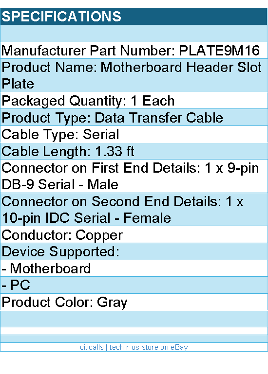 StarTech PLATE9M16 16inch 9 Serial to 10Pin Motherboard Header Slot Plate Retail