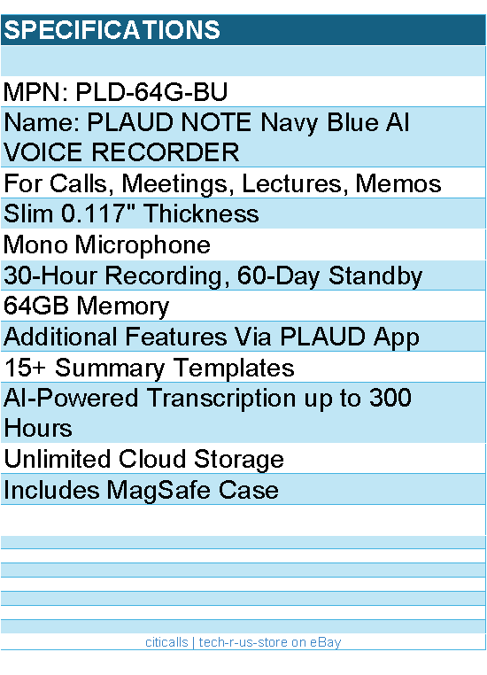PLAUD PLD-64G-BU PLAUD NOTE Navy Blue AI VOICE RECORDER Retail