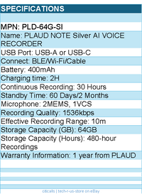 PLAUD PLD-64G-SI PLAUD NOTE Silver AI VOICE RECORDER Retail