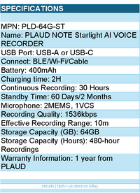 PLAUD PLD-64G-ST PLAUD NOTE Starlight AI VOICE RECORDER Retail