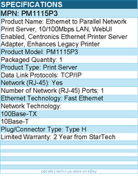 StarTech PM1115P3 Ethernet to Parallel Network Print Server, 10/100Mbps LAN