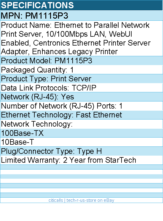 StarTech PM1115P3 Ethernet to Parallel Network Print Server, 10/100Mbps LAN