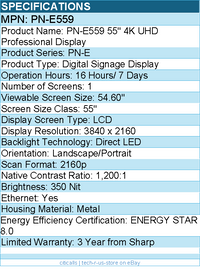 Sharp PN-E559 55" 4K UHD Professional Display - Digital Signage Display