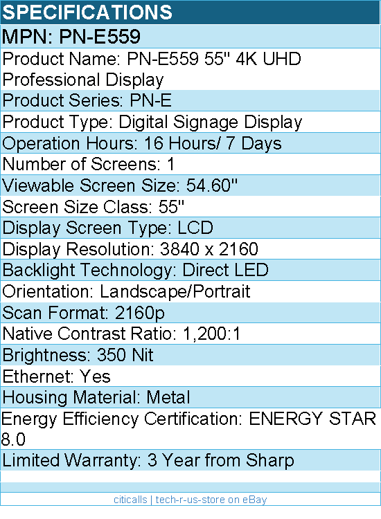Sharp PN-E559 55" 4K UHD Professional Display - Digital Signage Display