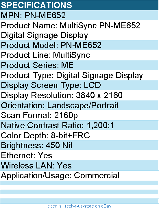 Sharp PN-ME652 MultiSync Digital Signage Display - 3840 x 2160 - 16:9 - 4K UHD