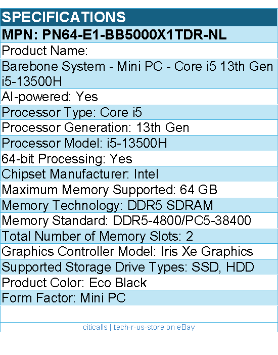 ASUS PN64-E1-BB5000X1TDR-NL Barebone System - Mini PC - Core i5 13th Gen