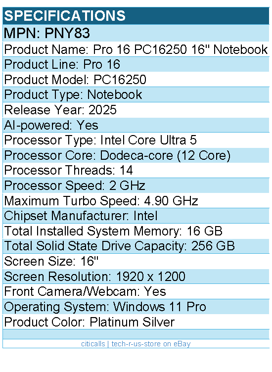 Dell PNY83 Pro 16 PC16250 16" Notebook - Full HD Plus - Intel Core Ultra 5