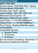 TP-Link Omada POE160S PoE+ Injector - 120 V AC, 230 V AC Input - 30 W