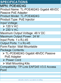 TP-Link POE4824G TL-POE4824G Gigabit 48VDC Passive PoE Adapter