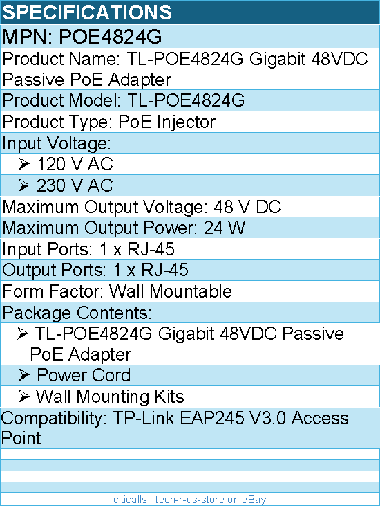 TP-Link POE4824G TL-POE4824G Gigabit 48VDC Passive PoE Adapter