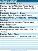 StarTech PRESREMOTEG Wireless Presentation Remote with Green Laser Pointer