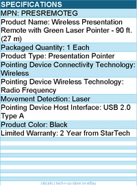 StarTech PRESREMOTEG Wireless Presentation Remote with Green Laser Pointer