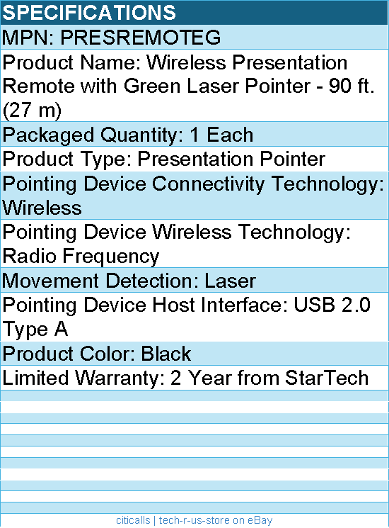StarTech PRESREMOTEG Wireless Presentation Remote with Green Laser Pointer