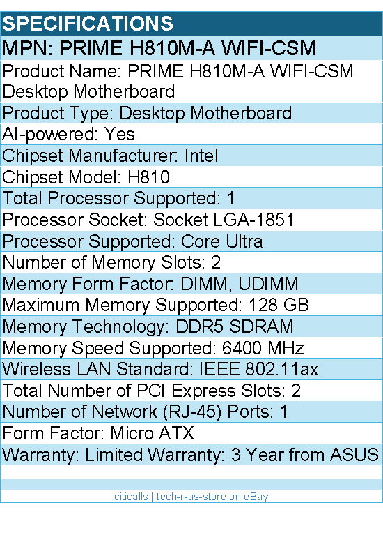 ASUS Prime H810M-A WIFI-CSM Desktop Motherboard - Intel H810 Chipset