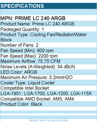 ASUS PRIME LC 240 ARGB Prime LC 240mm ARGB AIO Liquid CPU Cooler
