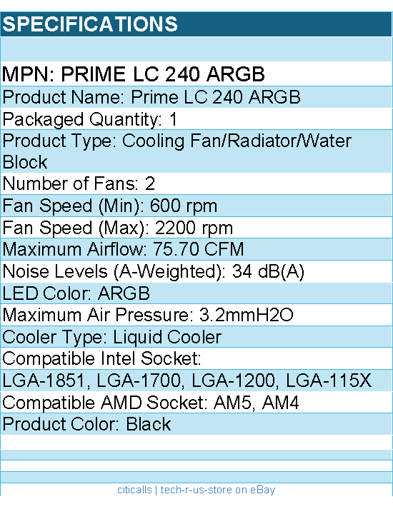 ASUS PRIME LC 240 ARGB Prime LC 240mm ARGB AIO Liquid CPU Cooler
