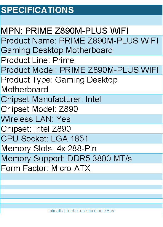 ASUS PRIME Z890M-PLUS WIFI Gaming Desktop Motherboard - Intel Z890 Chipset
