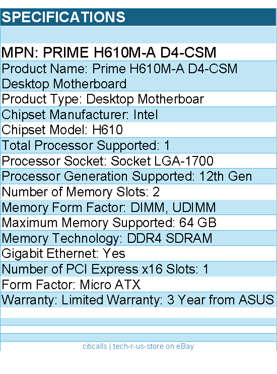 ASUS Prime H610M-A D4-CSM Desktop Motherboard - Intel H610 Chipset