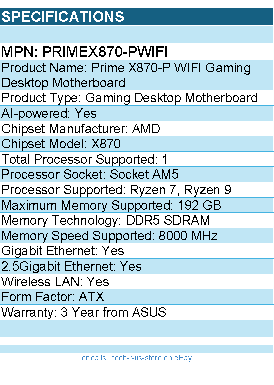 ASUS PRIMEX870-PWIFI Prime X870-P WIFI Gaming Desktop Motherboard
