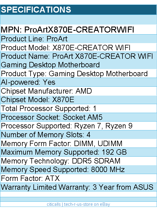 ASUS ProArtX870E-CREATORWIFI Gaming Desktop Motherboard - Socket AM5 - ATX