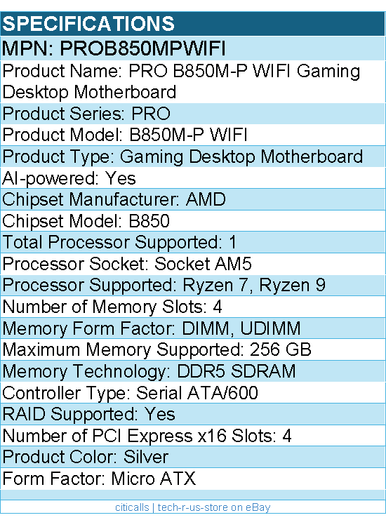 MSI PROB850MPWIFI B850M-P WIFI Gaming Desktop Motherboard - AMD B850 Chipset