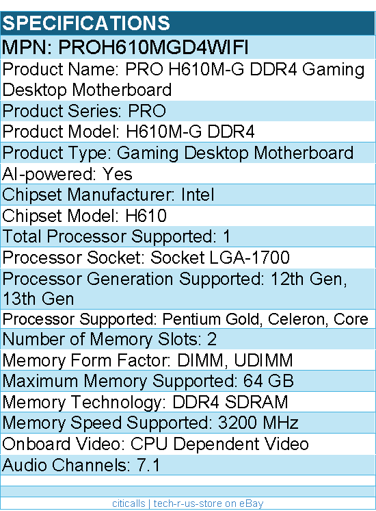 MSI PROH610MGD4WIFI H610M-G DDR4 Gaming Desktop Motherboard - Intel H610 Chipset