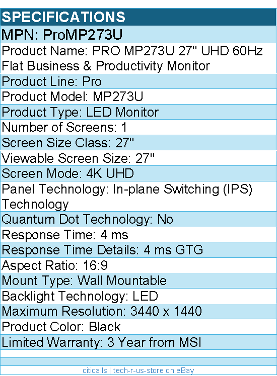 MSI ProMP273U Pro MP273U 27" Class 4K UHD LED Monitor - 16:9 - Black