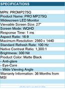 MSI PROMP275Q 27" Class WQHD LED Monitor - 16:9 - Matte Black